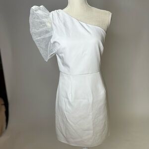 TCEC White Asymmetrical Puff Sleeve Dress